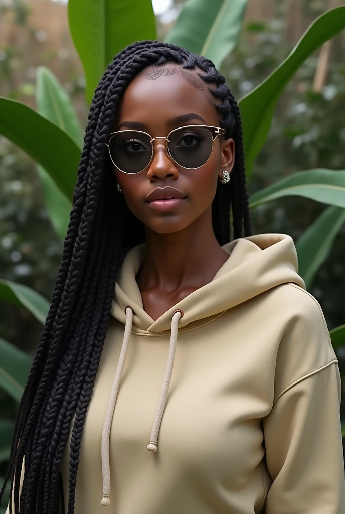 (photorealism:1.2), beautiful Kenyan woman,22 years,small low nose bridge,sharp boobs, oily shiny skin,smiling,wearing a fitting hoodie,long braids,oversized round photo chromatic glasses with grey lenses, standing , realistic indetails,plants in background.cardi b inspiration