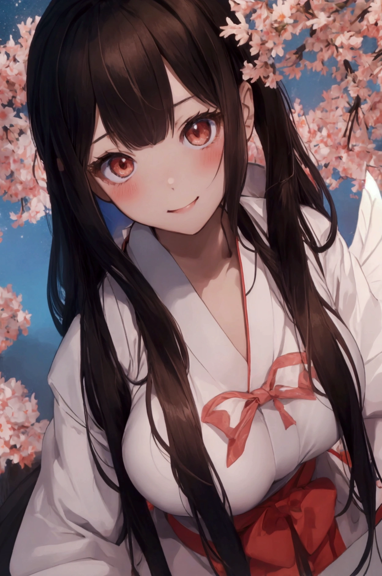 (ultra highres、ultra quality、Masterpiece、8k、),A girl with light  hair drawn Young and cute 、Asian woman,s hot, Japanese Model, Cute Core,  , Chubby 、(big breast)、Blushing、(Looking up)Shrine maiden (Her clothes are open and her chest is visible)smile、nsfw，shrine
