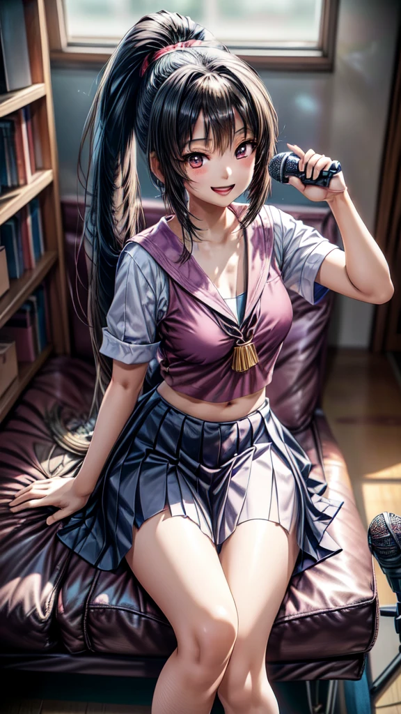 A Thai high school girl in an anime style with long ponytails sits on a sofa holding a microphone and sings in a karaoke room, while smiling playfully. The room is dark and dim.
Renaissance, anime style, drop shadow, anatomically correct, best quality, UHD, masterpiece, anatomically correct, best quality
