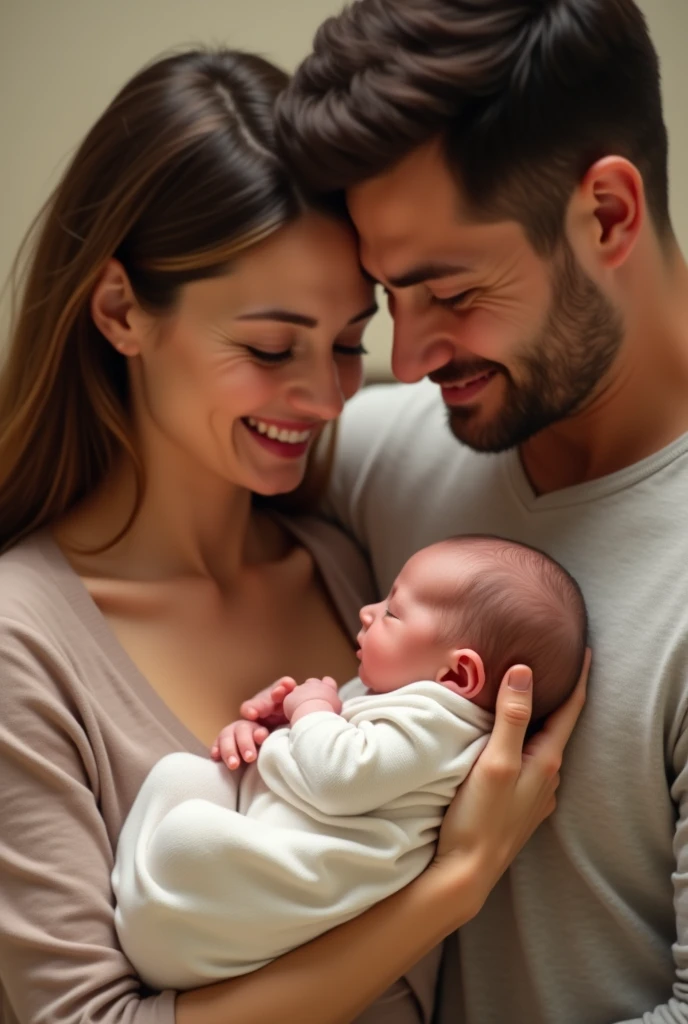 First family photo with newborn baby, A tender moment with new parents holding their newborn baby for the first time, their faces glowing with love and joy, while the baby peacefully sleeps in their arms,