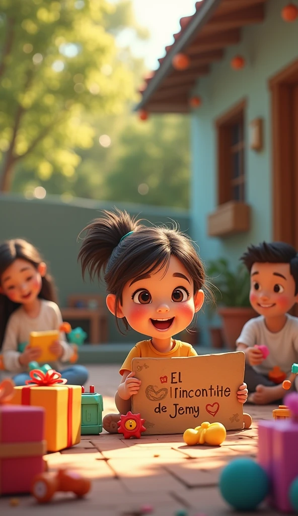outside with her parents in a little house playing with toys and there are many gifts and there is a sign next to her that says El Rinconcito De Jeimy