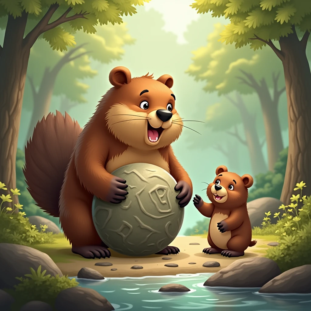 A big, friendly beaver appears next to the little bear., offering to help him move the stone.