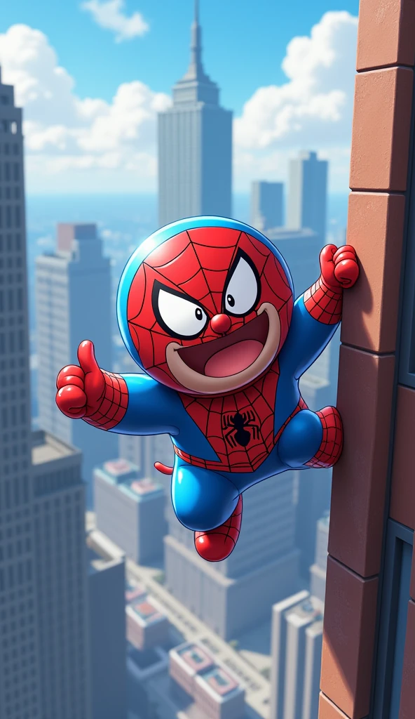 Doraemon in spider man costume, He climbed the wall.