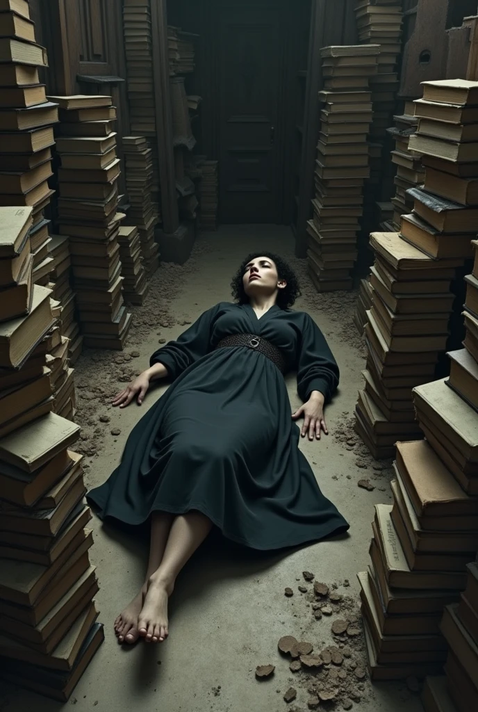 Adult in a small messy room full of old books in mourning lying on the floor chilling