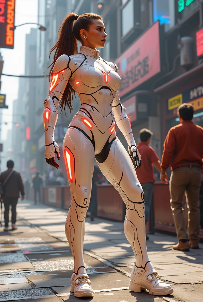 a woman in a futuristic suit with a glowing head and chest, cyberpunk art inspired by Marek Okon, cgsociety contest winner, digital art, gynoid cyborg body, girl in mecha cyber armor, cyber suit, cybersuit, in white futuristic armor, cybersuits, diverse cybersuits, gynoid body, echo from overwatch, perfect anime cyborg woman