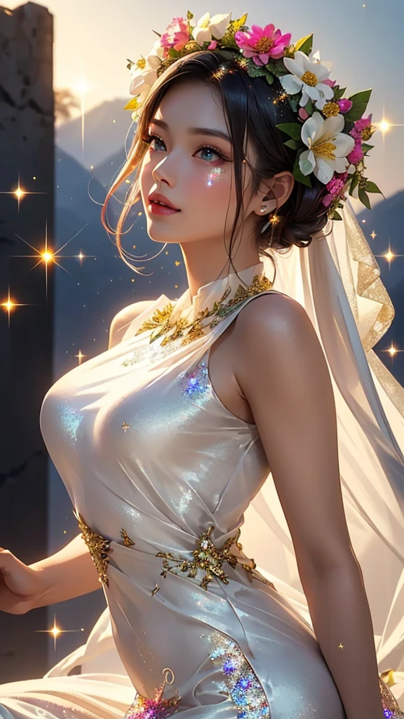 (She is wearing a wreath made of flowers on her head. :1.5),20-year-old(First Person), brake(Wide々Grassland : 1.5), (Mountains in the distance々exists :1.5),(Light from Heaven : 2.0),(SF masterpiece: 1.4),(8k, Surreal, Original photo, Highest quality: 1.4), Japan, Beautiful Face,(smile : 1.5), (True Face: 1.4),(Pink Hair, Long hair with soft curls: 1.5),(天使の輪と羽exists : 1.5),brake(Glittering silk dress:2.0), More exposed skin :1.5,Realistic blue eyes, Beautiful details in the eyes, (Reality skin: 1.3), Beautiful Skin, Charm, 超High resolution, Ultra-realistic, High resolution, Golden Ratio, (Detailed face: 1.4),white feathers grow,Wideがるロングヘアー,White transparent,Looking into the camera, brake (The silk dress is somewhat transparent:1.5), brake(The dress is see-through :1.5),(Shine the female body, (Beautiful appearance, Perfect female body,Slim build:1.5), Beautiful hands and fingers, (is looking up to the sky:1.5), (Mid-range long shot:1.5)