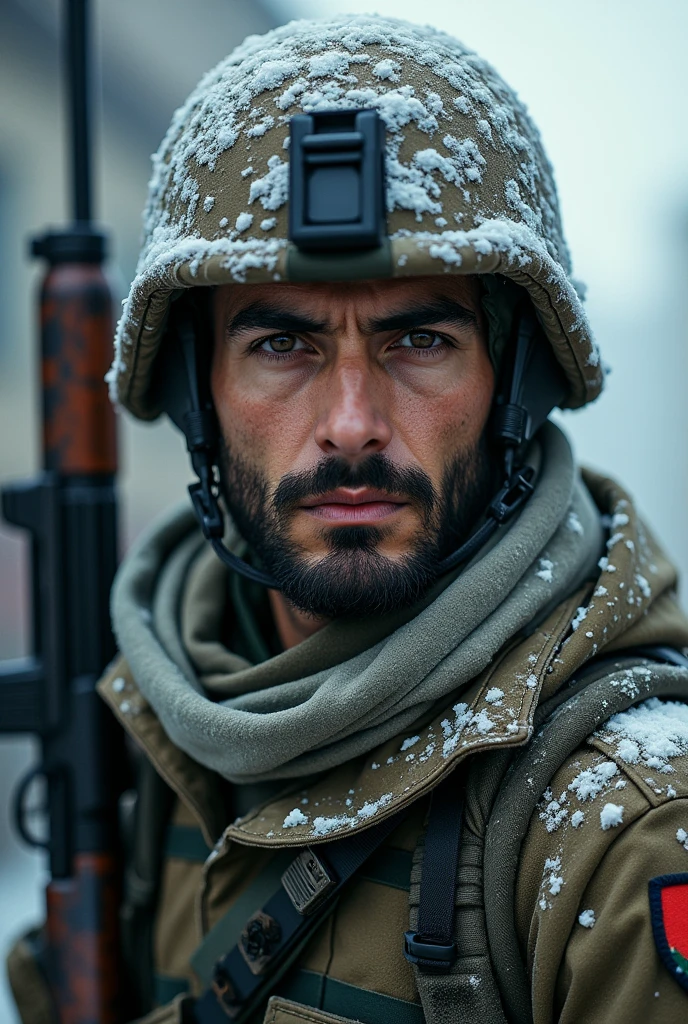 1 men, (irani soldiers), with badges, snow camouflage soldier uniform, detailed lines, gorgeous face, upscale:4x, gun,  in neck, masculine, war background, 