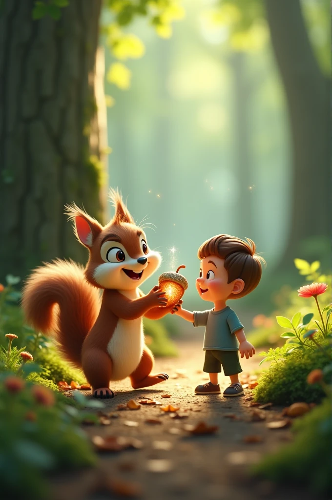Need a 3D animation style-The Playful Squirrel’s Clue**: The squirrel playfully scurries around Max and Leo, showing them a sparkling acorn that seems to hold a secret.