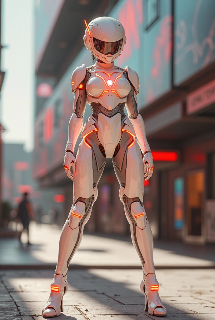 a woman in a futuristic suit with a glowing head and chest, cyberpunk art inspired by Marek Okon, cgsociety contest winner, digital art, gynoid cyborg body, girl in mecha cyber armor, cyber suit, cybersuit, in white futuristic armor, cybersuits, diverse cybersuits, gynoid body, echo from overwatch, perfect anime cyborg woman