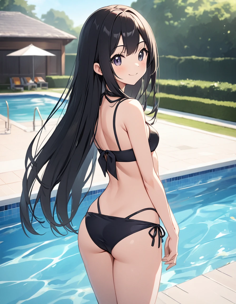 Woman, cute, adorable, smiling, straight hair, long hair, black hair, standing, Swayback stance, looking at the camera, From the front, from thighs to head, pool, daylight, bikini