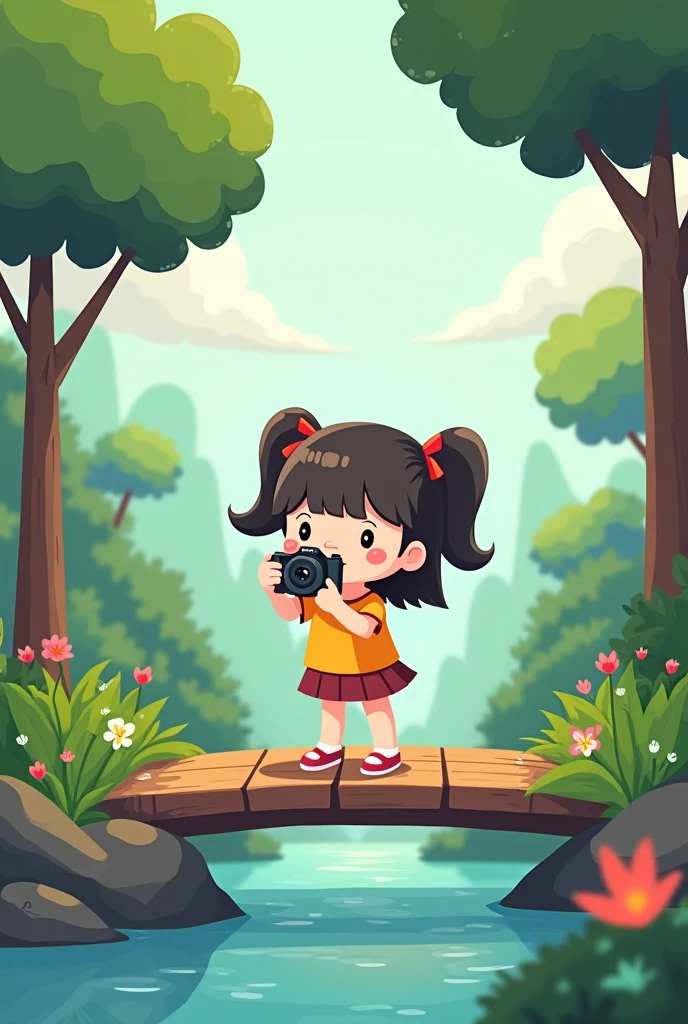 Girl holding a camera,Cartoon character standing on wooden bridge on forest island,cute,Two-headed body。Flat art style