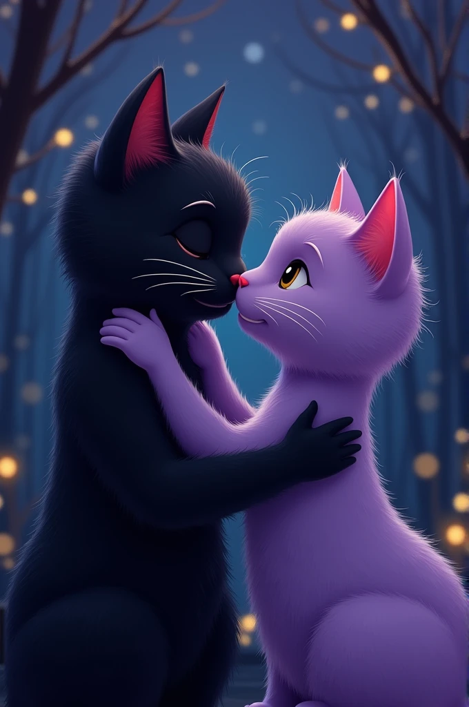  black male cat hug purple female cat , kiss with soft smile and eye close with beautiful night background 
