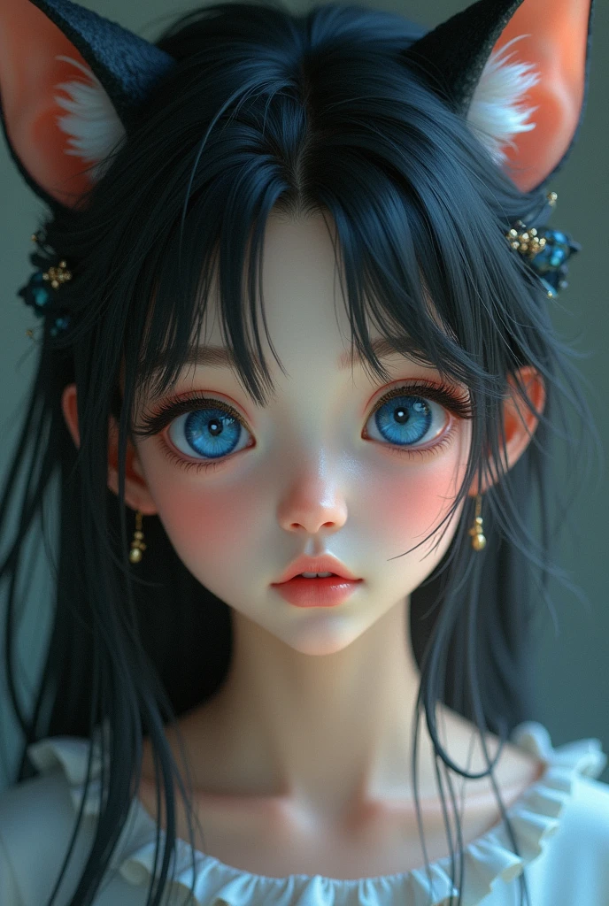 1 girl, Blue eyes, animal ears, earrings, pointy ears,