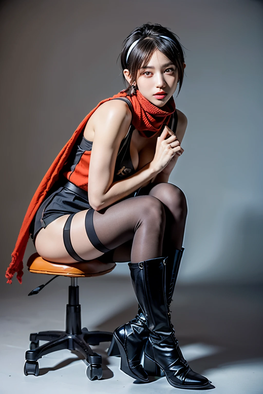 (RAW shooting:1.2, Photoreal:1.5, 8k:1.2, highest quality:1.2, masterpiece:1.2, ultra high resolution:1.2), (perfect dynamic composition:1.2, Highly detailed skin and textures:1.2,beautiful and aesthetic:1.2, full body:1.2, Fair skin:1.2), (large breast:1.4, Chest gap:1.4), (perfect limbs:1.2), (perfect fingers:1.2),(1girl:1.2,tall:1.2,sexy:1sian:1.2,glamour:1.2,makeup:1.2),(sitting:1.2,chair:1.2,legs together:1.2),(earrings:1.2),(ragnarok_ninja:1.2),(red ninja scarf:1.2),(black short hair cut:1.2),(hairband:1.2),(double eyelid:1.2),(simple background:1.2),(thigh tights:1.2),(ninja boots:1.2),