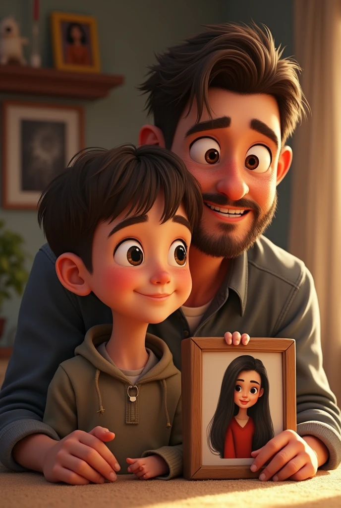 A brown-haired boy, his father, and a picture of a woman with long black hair, about 30 years old.