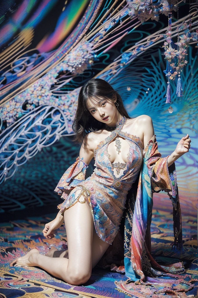 (masterpiece, top quality, Best Quality, official art, beautiful and aesthetic:1.2), (1 girl:1.3), extremely detailed,(fractal art:1.2),showy,more detailed,(zentangle:1.2), (dynamic pose), (abstract background:1.5), (traditional dress:1.2), (shiny skin), (many colors:1.4), barefoot, CHAINED, NSFW