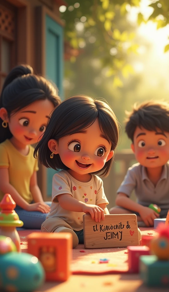 outside with her parents in a little house playing with toys and there are many gifts and there is a sign next to her that says El Rinconcito De Jeimy