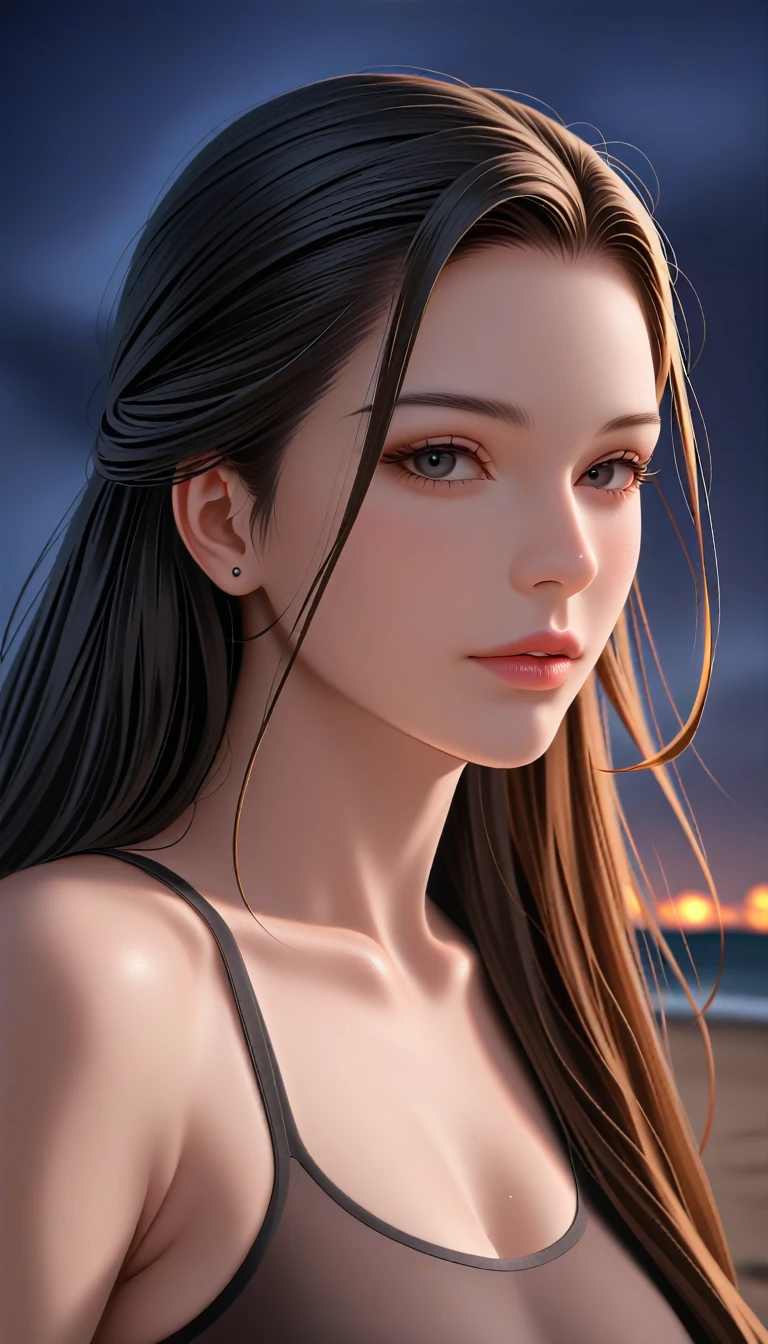 score_9, score_8_superior, score_7_superior, A masterpiece in 32K resolution,Highest quality,it is really amazing,Very detailed,Ultra-high resolution,Ultra-realistic,Realistic,Increased depth of field,Cinematic lighting,
Sexy mature Japan woman,
Glossy black hair,Wavy long hair,Showing his forehead,god々Beautiful,Ultra-detailed and beautiful face,Sensual look,Beautiful dark brown, moist eyes,Pitch black eyes,Glowing, moisturized skin,Translucent white skin,born々New skin texture,Great proportions,
Black high leg swimsuit,
Bold design,born地の詳細な質感,
Dark cloudy sky at night,Dark clouds filling the sky,Thundercloud,Coastline at night,Golden reflections on the sea surface,delay々A desolate sandy beach that continues,
Cinematic Angle,