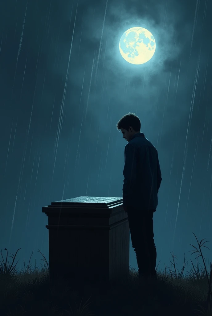 Man talking to his girlfriend coffin, under the moon  and dark night with rain fal 