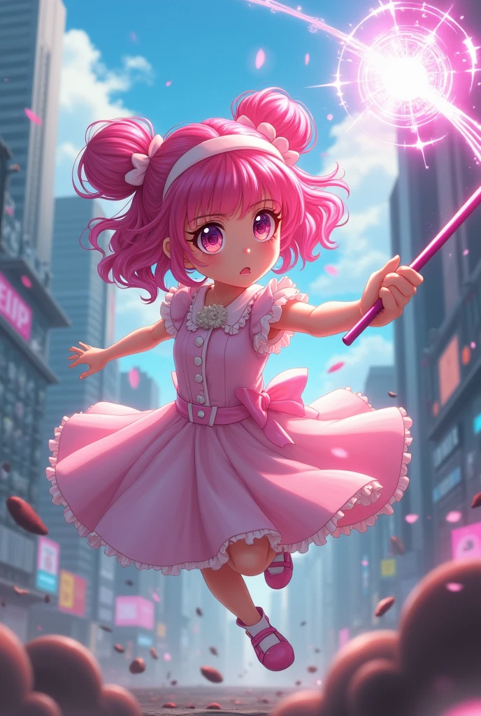 Girls Anime Style，穿着粉色洛丽塔衣服的Magical girl正在战斗，Urban battles，Pink Hair，Magical girl，Holding a cute magic wand，日本Magical girl，Serious expression，Combat Action，A fierce battle is going on