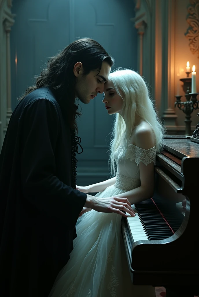 Vampire teaching albino age girl to play piano
