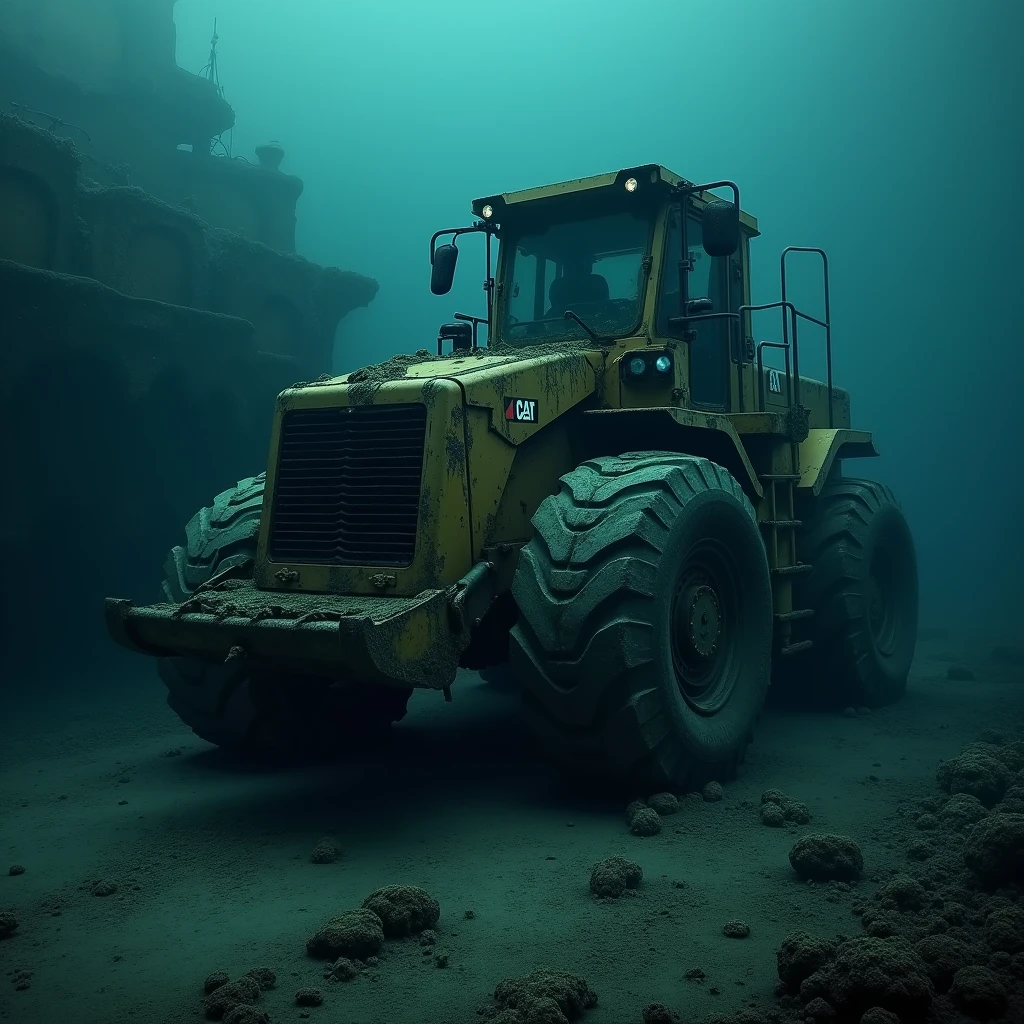 A Caterpillar CAT 980K wheel loader slowly moves through the dark depths of the Atlantic Ocean. The weak light penetrates through the water, revealing the vague outlines of the sunken shipwreck. Algae and other sea creatures cling to the car, and the diffused light reveals traces of rust and damage. The car moves with difficulty, while the cloud of sand rises in its wake, and the sound of the engine resounds sinisterly in the deep silence of the ocean.