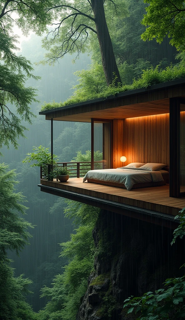 A charming, elevated room surrounded by the forest, with rain gently hitting the wooden walls. The natural sounds of rain and rustling leaves offer a serene, immersive ambiance for deep sleep.