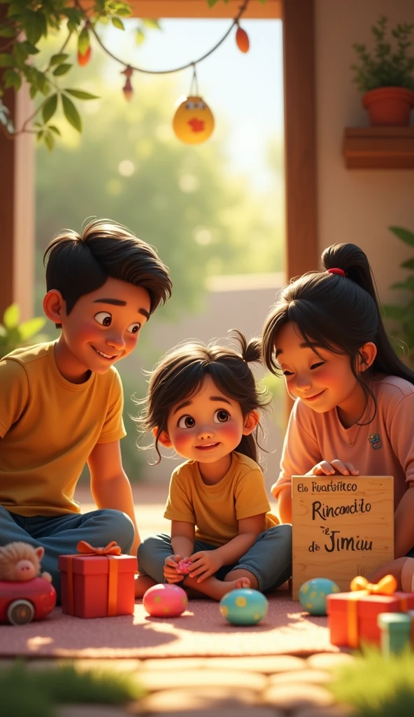 outside with her parents in a little house playing with toys and there are many gifts and there is a sign next to her that says El Rinconcito De Jeimy