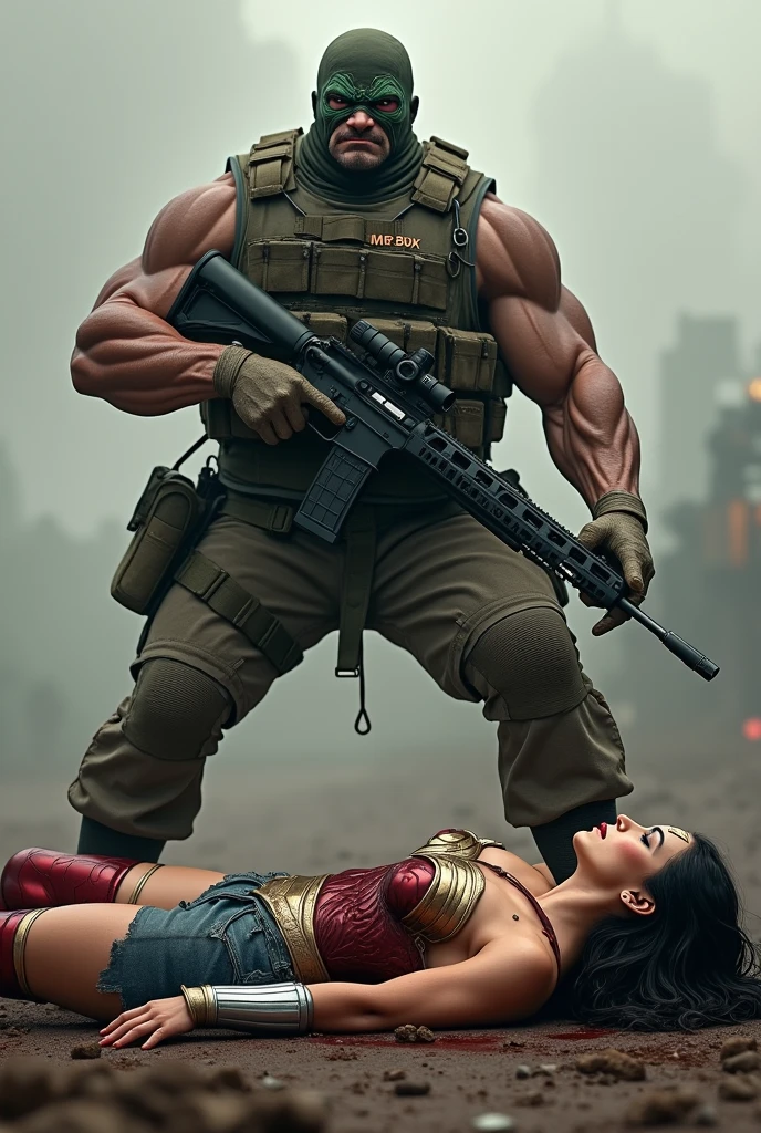 Muscular army man,holding a AWM sniper gun,angry face,mask on ,with the name Mr-BDK on chest  batch,wearing army grass costume. green, black,white painting on his face. Standing over a beautiful Wonder Woman in blue eyes, black hair wearing Wonder Woman's tiara, red and gold bustier, ((silver wrist bracelets:1.2)), ((Red knee high boots:1.2)), golden belt with athletic and muscular body with big breasts laying on the ground unconscious covered in blood with tattered costumes. (perfect anatomy), (masterpiece:1.2), (best quality:1.2), intricate details, Muted Tone, Delicate, Detail, sharp focus, perfect hands, perfect face, perfect eyes, perfect light, dynamic light, natural light. In the battle ground.