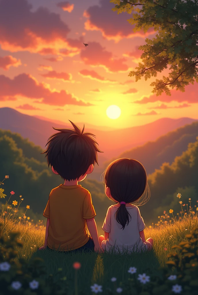 A cute boy sitting in very peace area with masterpiece nature view with girl sitting togather looking sunset view