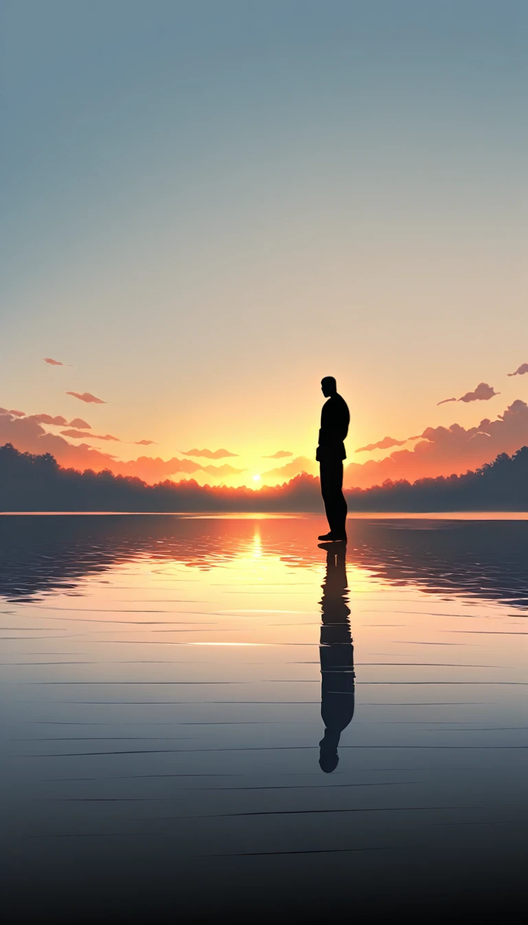 A man in a black bodysuit stands in the smoke, Priapus, Dark Black, Dark black skin, Buzz Cut, His muscles are very developed, Very tall, short hair, Blend into the smoke, Lake, Reflection, Sunset, Sunset, Man silhouette, Chinese, black and white, Simple style