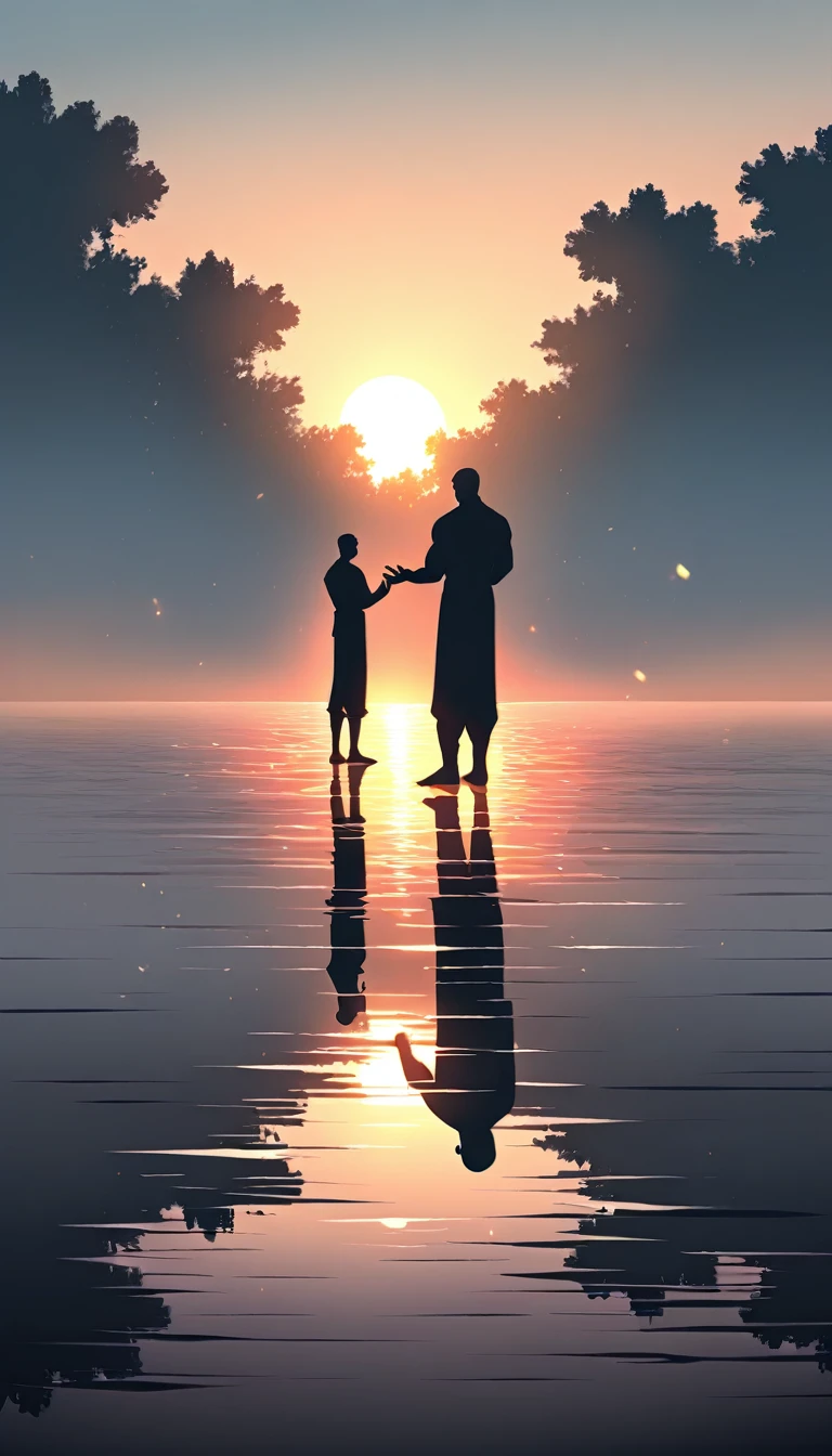 A man in a black bodysuit stands in the smoke, Priapus, Dark Black, Dark black skin, Buzz Cut, His muscles are very developed, Very tall, short hair, Blend into the smoke, Lake, Reflection, Sunset, Sunset, Man silhouette, Chinese, black and white, Simple style