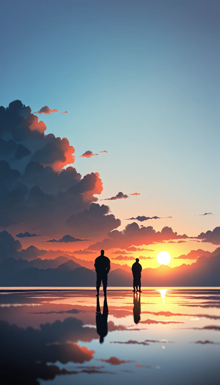 A man in a black bodysuit stands in the smoke, Priapus, Dark Black, Dark black skin, Buzz Cut, His muscles are very developed, Very tall, short hair, Blend into the smoke, Lake, Reflection, Sunset, Sunset, Man silhouette, Chinese, black and white, Simple style
