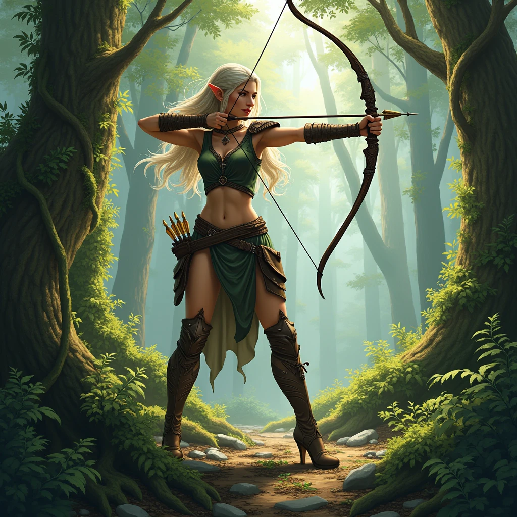 female elf ranger, in a forest, drawing a bow to fire, leaves a vines in forground