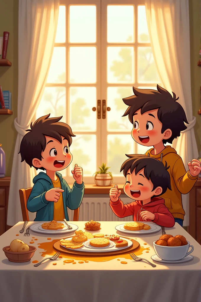 "End with a light-hearted scene at the breakfast table, where the family shares a laugh over the failed prank and disastrous breakfast attempt. Reflect on the siblings’ determination to try another prank, but maybe after they learn how to cook.