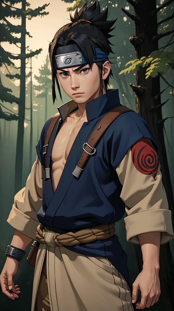 (cowboy shot), sfw, (masterpiece), (best quality:1.0), (ultra highres:1.0), detailed eyes BREAK looking at viewer, 1boy, intimidating look samurai armor, pouches, headband, armband narutoStyle BREAK (forest, dense trees, night, outdoors, gorgeous view)