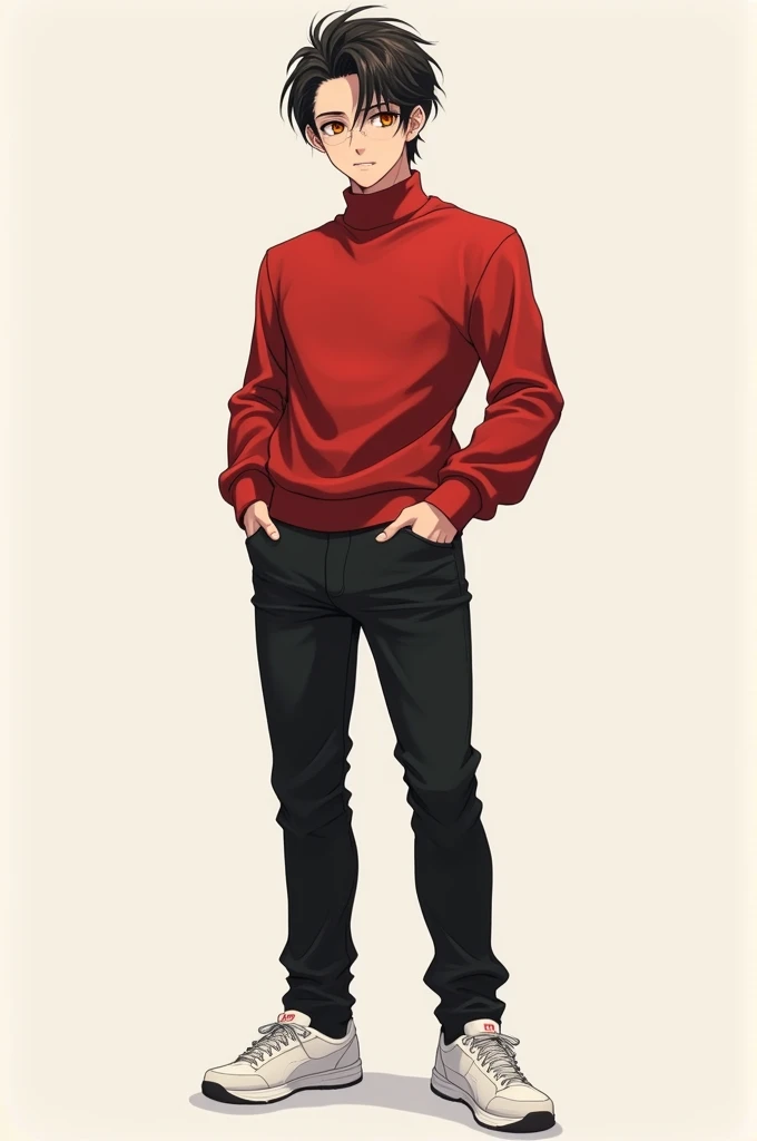 Anime handsome boy red turtleneck black pant white sneakers orange eyes