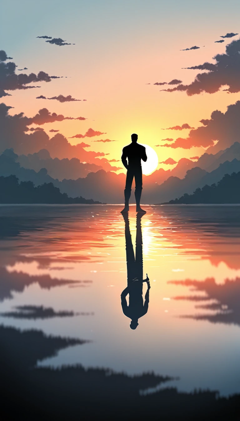 A man in a black bodysuit stands in the smoke, Priapus, Dark Black, Dark black skin, Buzz Cut, His muscles are very developed, Very tall, short hair, Blend into the smoke, Lake, Reflection, Sunset, Sunset, Man silhouette, Chinese, black and white, Simple style