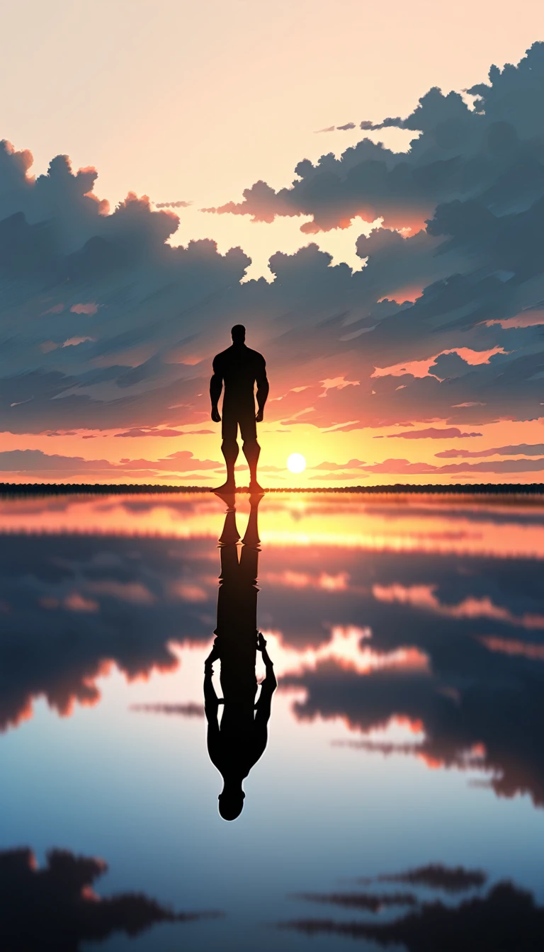 A man in a black bodysuit stands in the smoke, Priapus, Dark Black, Dark black skin, Buzz Cut, His muscles are very developed, Very tall, short hair, Blend into the smoke, Lake, Reflection, Sunset, Sunset, Man silhouette, Chinese, black and white, Simple style