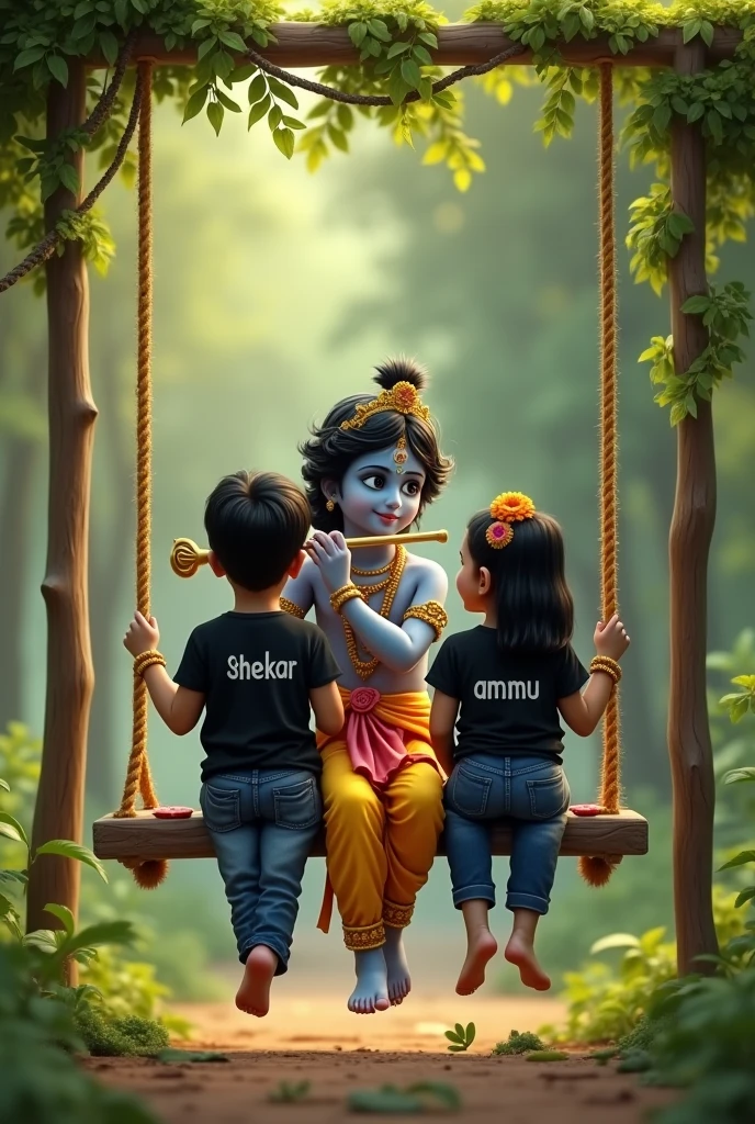 There are 1 Indian boy wearing “Shekar” written Black colour t-shirt and jeans and girl wearing “Ammu” written Black colour t-shirt and jeans Both sitting bare feet. on a swing with Krishna ji, Krishna ji is playing the flute. and “Happy Krishna Janmashtami” written on the swing top border. nature green here and there create a realistic 4k,