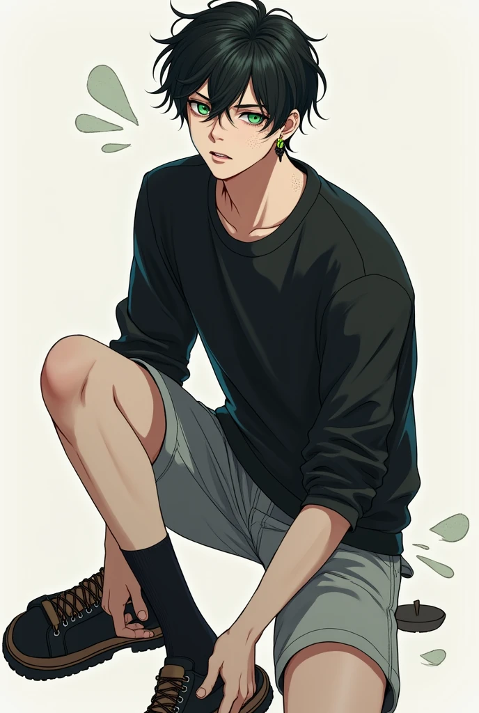 Kin has blackish hair and emerald green eyes that stand out against his snow-white skin. His face is adorned with multiple polka dots, adding a unique touch to his appeal. he usually wears a black sweatshirt, gray sports shorts, sandals with black socks, and has pierced ears with black earrings.
Handsome men. Anime men