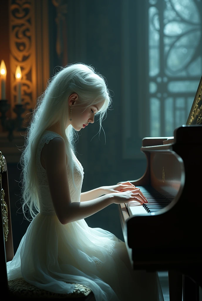 Vampire teaching albino teenage girl to play piano
