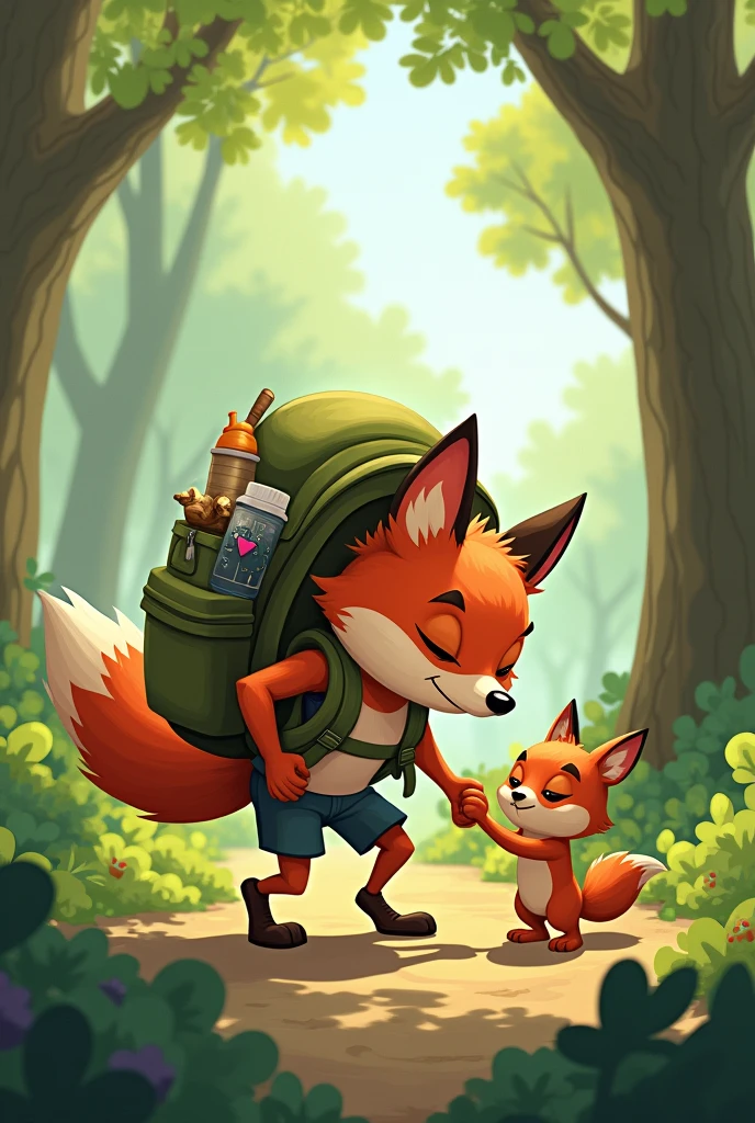 
picture of Max the fox struggling with his backpack, with Bea offering to help]
