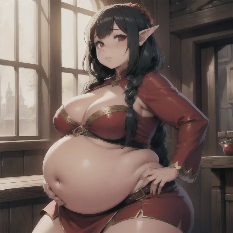 (Best quality), (high resolution), (detailed),1woman, chubby elf girl, clothes, dark fantasy, two braids, shy pose, bloated belly, red dress, freckles