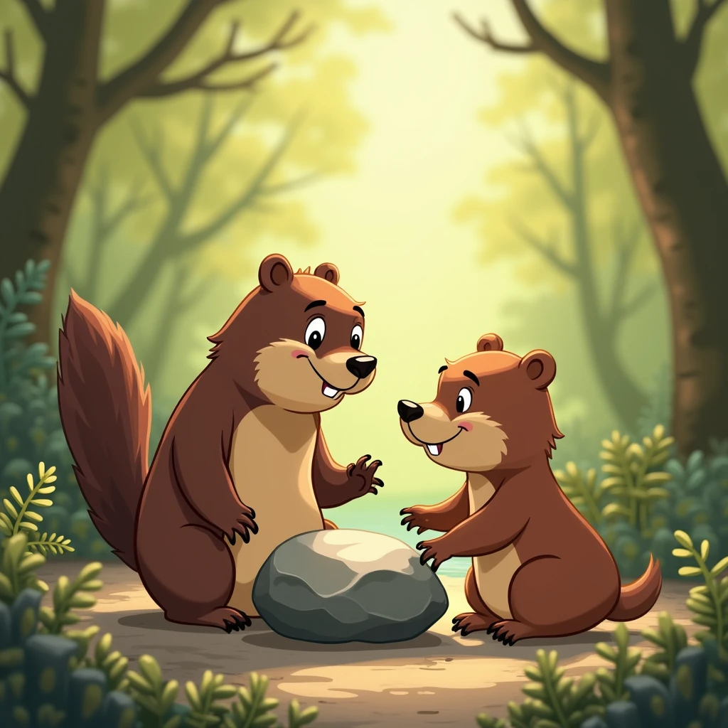 A friendly beaver appears next to the little bear, offering to help him move the stone.
