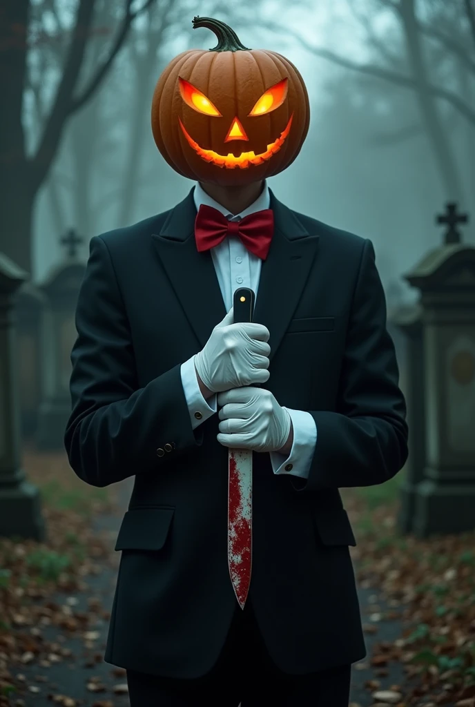 Porter from a horror movie with a person in a black suit and a red bow and with white gloves on his head, a pumpkin and a knife with blood and an abandoned cemetery in the background