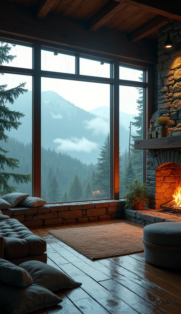 A spacious, rustic room with large windows overlooking misty, rain-soaked mountains. The smell of pine, the warmth from a stone fireplace, and the rain's steady fall create the perfect setting for a deep nap.