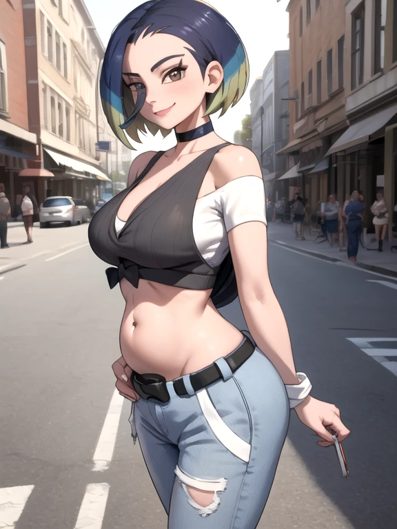 (masterpiece, best quality:1.2), highres, solo, 1 pregnant girl, perrin, smile, looking at viewer, walking, crop top, pants, choker, belt, midriff, city street, cowboy shot, large breasts, cleavage, large ass, third trimester of pregnancy, skindentation