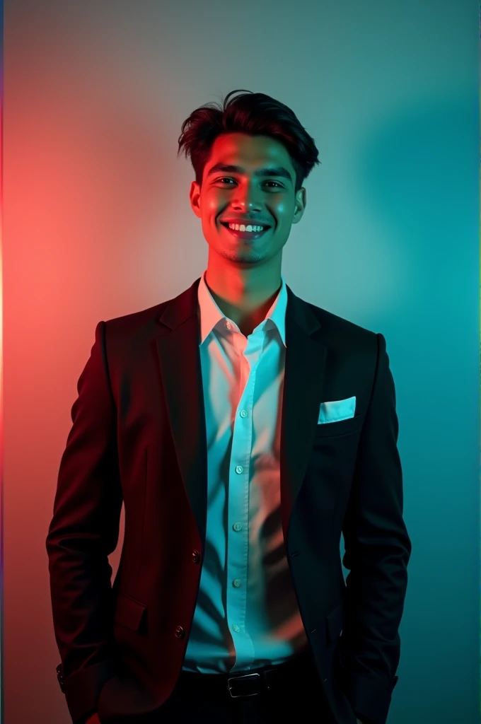 A young man with dark hair and the big bread a confident smile. He is dressed in a black blazer over a white shirt. The man is positioned against aqua colour backdrop with a subtle red lighting on the left side. and he posing for Facebook profile.