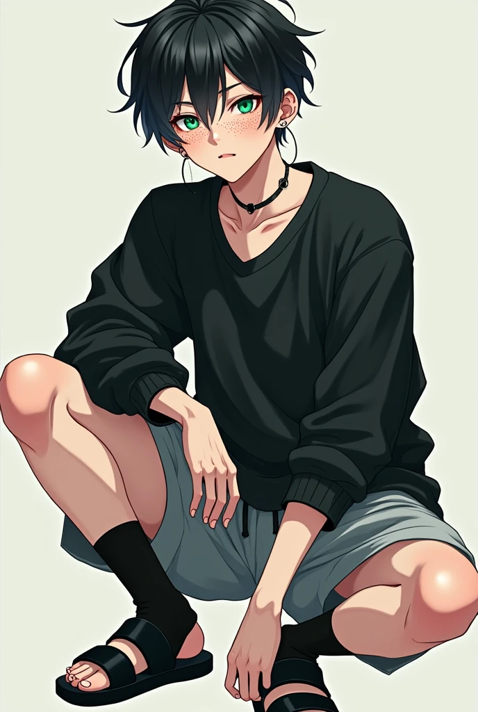 Kin has blackish hair and emerald green eyes that stand out against his snow-white skin. His face is adorned with multiple polka dots, adding a unique touch to his appeal. he usually wears a black sweatshirt, gray sports shorts, sandals with black socks, and has pierced ears with black earrings.
Handsome men. Anime men